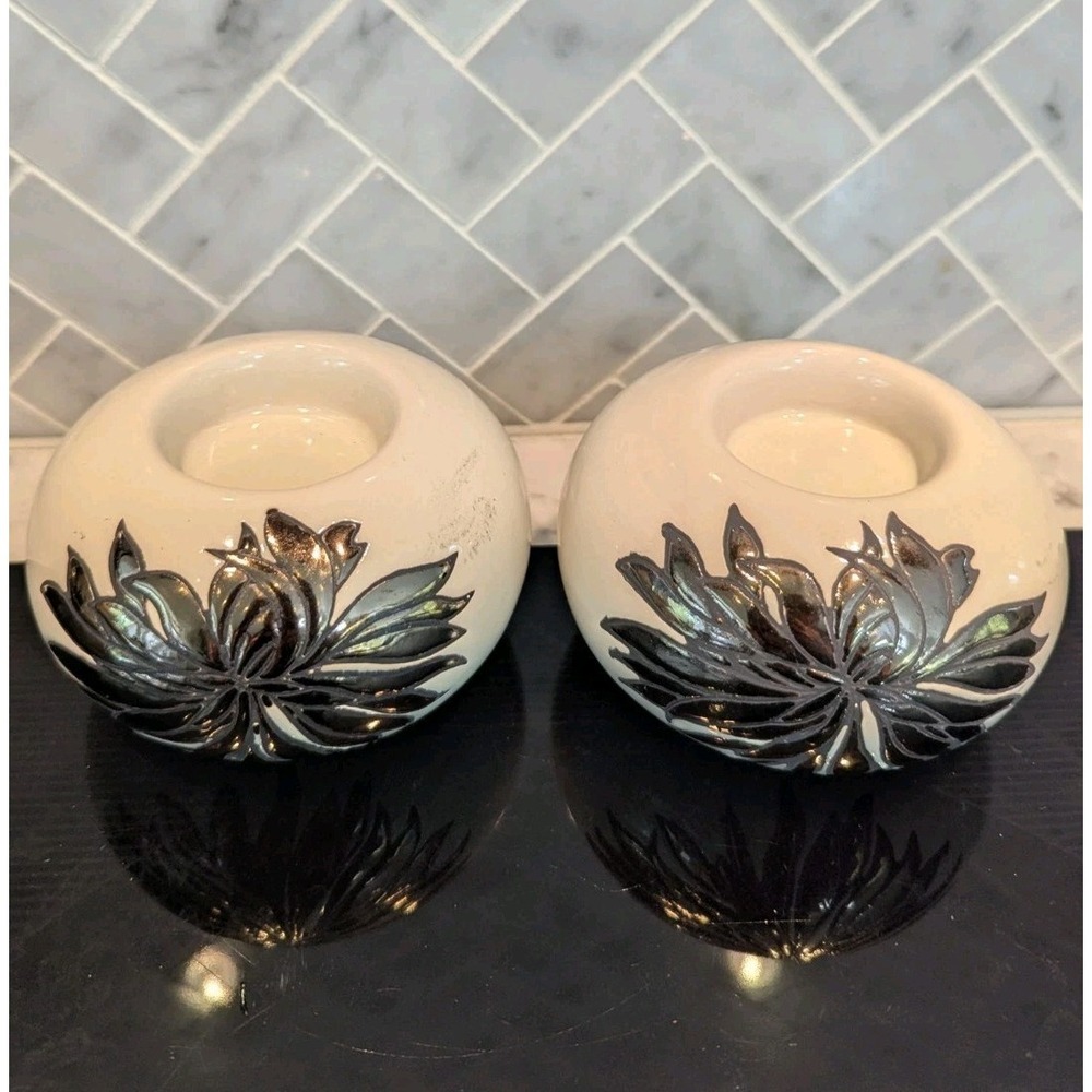 MCM Round Ceramic Floral Candle Holders Tealight Votive Set of 2 Gold Design